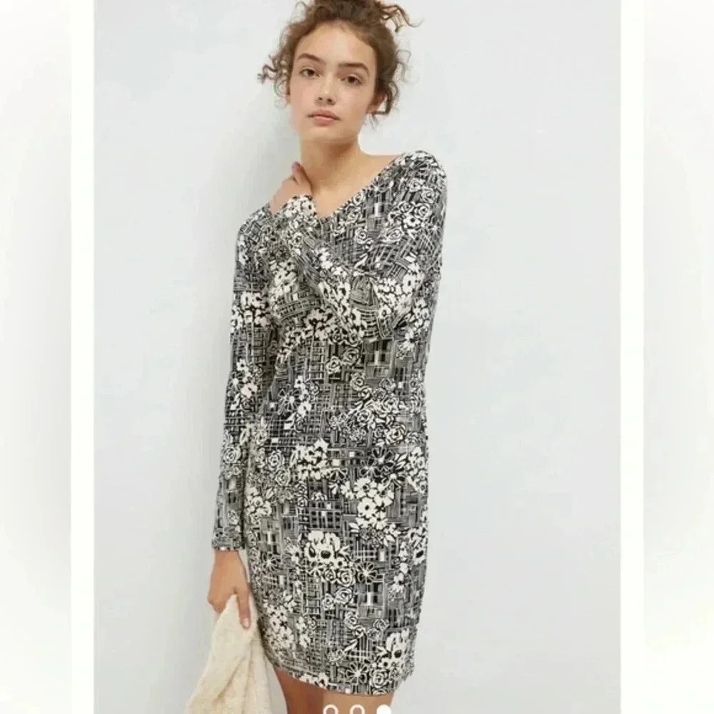 Anthropologie Saturday Sunday Black & Off White Imani Dress Long Sleeve Size XS